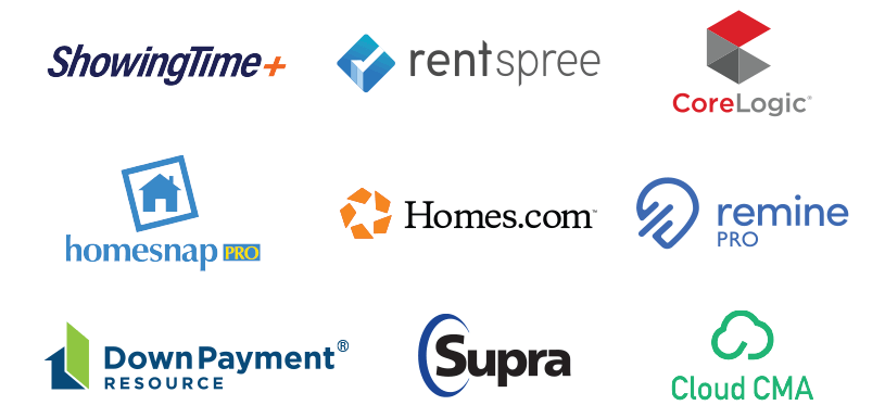 CoreLogic, Remine, rentspree, HomeSnap Pro, Homes.com, Down Payment Resources, Supra, Cloud CMA logos